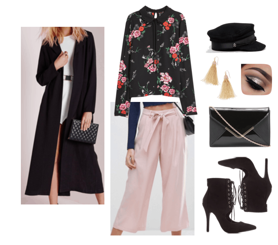 Outfit with floral blouse and nude culottes.