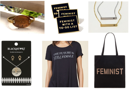 Feminist fashion picks: Future is Female tee, Touch Me and Die bracelet, Feminist pins, equality necklace, Feminist tote bag, Feminist AF necklace