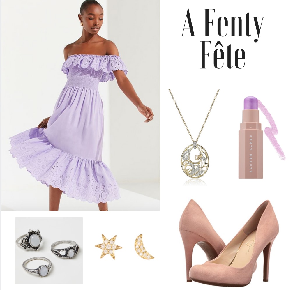 Outfit inspired by Fenty Beauty: Lavender dress, light pink suede heels, Fenty beauty stick, moon and sun jewelry