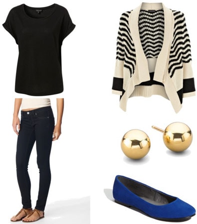 Final exams outfit 1 - Striped cardigan, jeans, studs, colorful flats