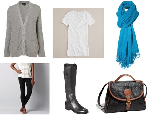 Final exams outfit 3 - Leggings, cardigan, white v-neck tee, riding boots, scarf