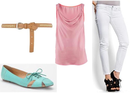 First date outfit for a day at the aquarium: Pink tank, white skinny jeans, aqua flats, leather belt