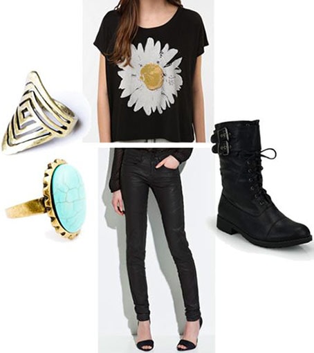 First date outfit for seeing a local band: Black skinny pants, graphic tee, lace-up boots, statement rings