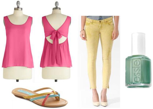 First date outfit: Bold yellow jeans, cute pink tank, sandals, aqua green nail polish