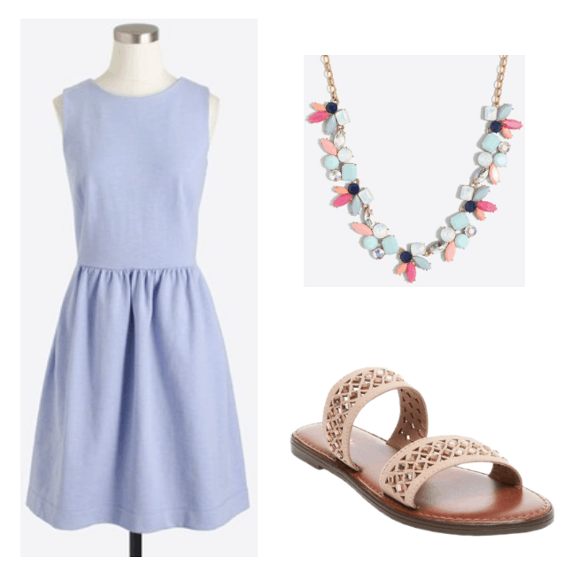 Cute, preppy and girly outfit for summer: Light blue fit and flare dress with blue, pink and gold statement necklace and nude sandals