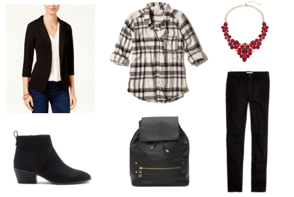 Flannel shirt outfit for class: Black and white flannel shirt, black blazer, black ankle booties, red statement necklace, black backpack, dark wash jeans