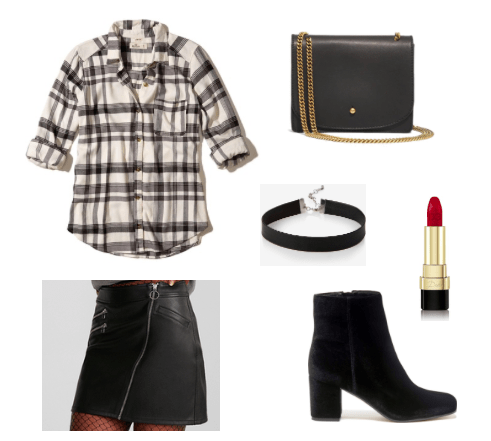 Flannel shirt outfit for night: Black and white flannel shirt, asymmetrical leather skirt, suede ankle booties, choker, crossbody bag