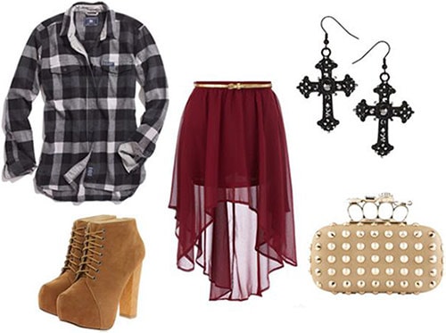 How to wear a flannel shirt with a high-low skirt, platform boots, a studded clutch, and edgy jewelry