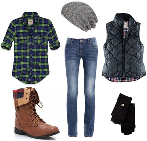 How to wear a flannel shirt with boots, skinnies, a vest, and winter accessories