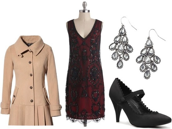 Flapper dress outfit: Red and black beaded dress, tan dress coat, large jeweled earrings, low-heel black mary-jane pumps