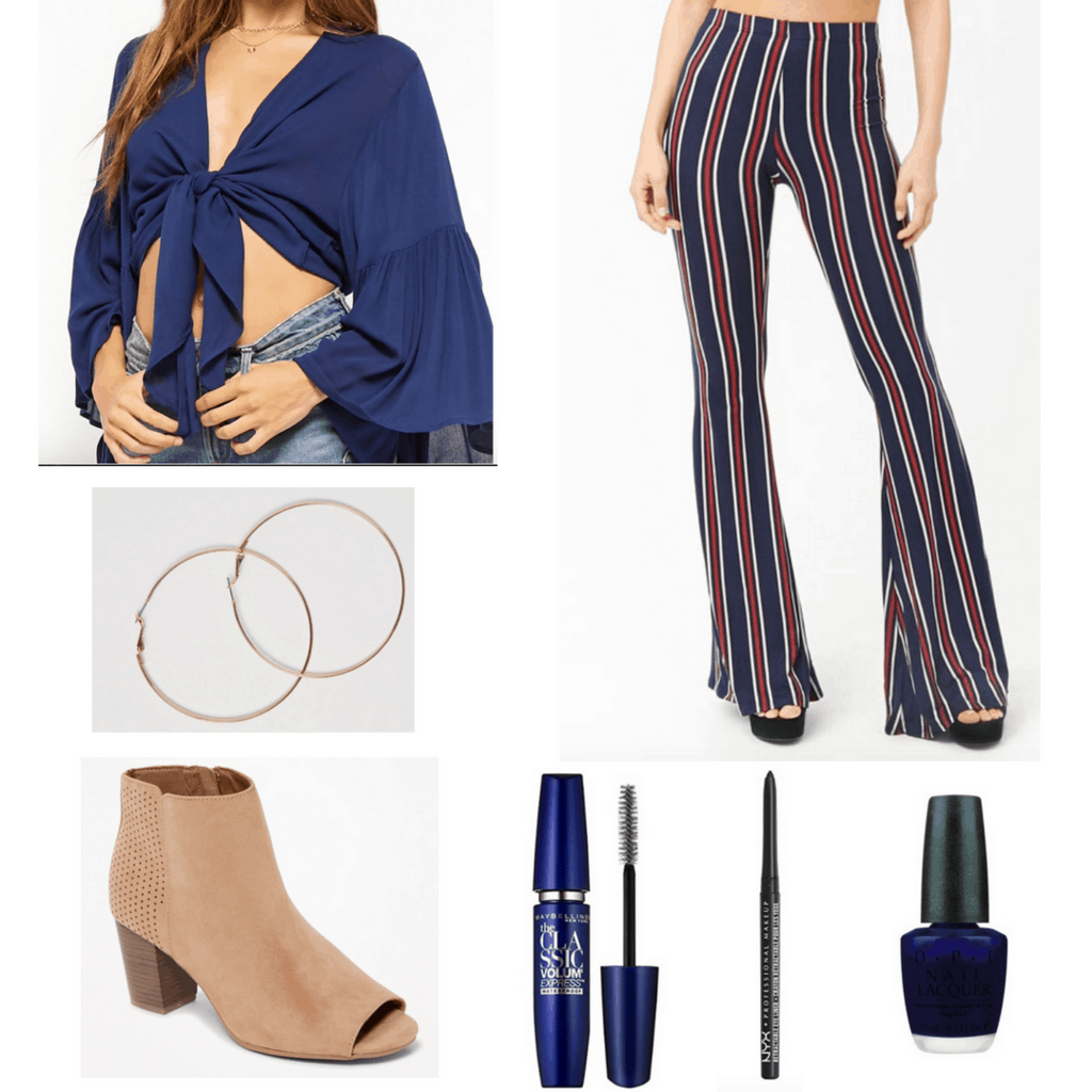 Striped flared pants with bell sleeve top, hoop earrings, booties, mascara, eyeliner, and nail polish.