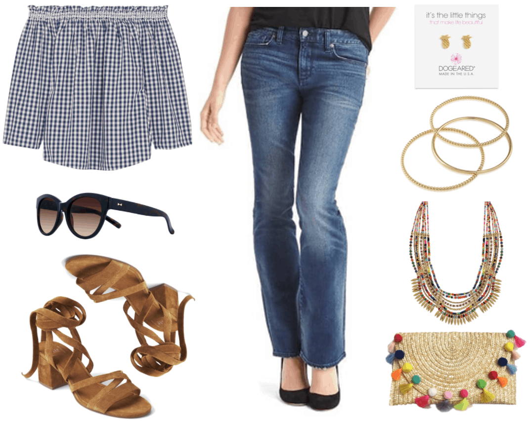 "Ask CF: How Do I Make Flared and Bootcut Jeans Look Fashion-Forward?" Outfit #1 featuring navy blue and white gingham off-the-shoulder three-quarter-sleeve blouse, black cat-eye sunglasses with gold detail, brown tie-up sandals with block heel, medium-wash bootcut jeans, gold pineapple stud earrings, set of three gold bangles, mult-colored beaded bib necklace, oversized straw clutch with multi-colored pom poms and fringe