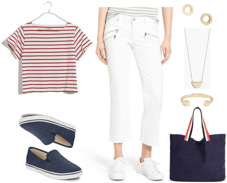 "Ask CF: How Do I Make Flared and Bootcut Jeans Look Fashion-Forward?" Outfit #2 featuring red and white striped short-sleeved t-shirt, dark blue chambray slip-on sneakers, white cropped kick-flare jeans with zippers and frayed hem, gold disc-shaped stud earrings, gold necklace with white fringe, gold cuff bracelet with cubes, navy blue canvas tote with red, white, and navy handles