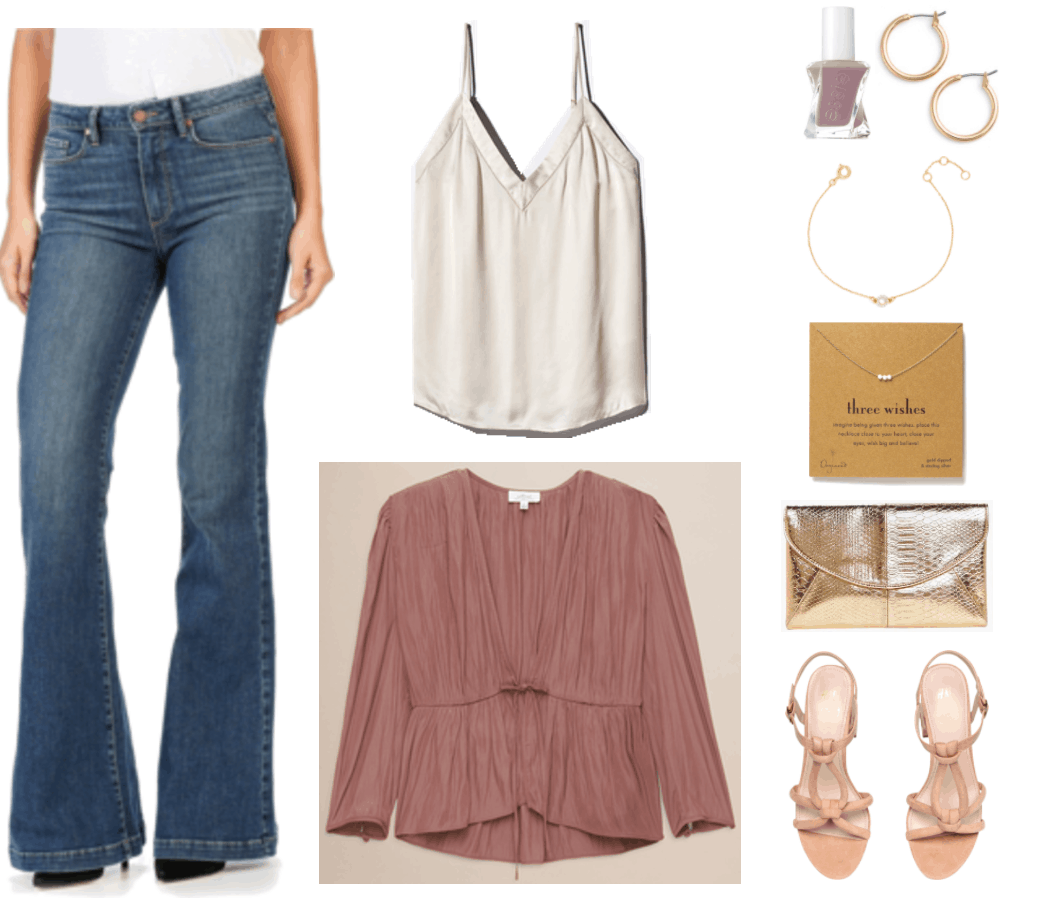 "Ask CF: How Do I Make Flared and Bootcut Jeans Look Fashion-Forward?" Outfit #4 featuring medium-wash flared jeans, off-white v-neck camisole, dusty pink tie-front long-sleeved blouse, dusty mauve Essie Gel Couture Color nail polish in "Take Me to Thread," small gold hoop earrings, gold bracelet with clear crystal ring, gold necklace with three sparkly silver beads, gold croc-embosssed envelope clutch, block-heeled ankle-strap sandals with knotted front straps - how to style cropped bootcut jeans