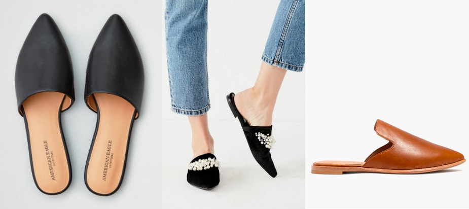 black pointed flat mules