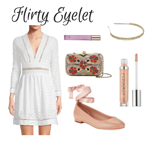 white dress, beaded clutch, floral scent, headband, lace-up flats, concealer