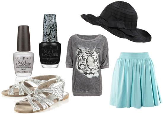 How to wear a floppy hat with a tiger shirt and skirt