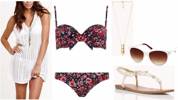 Outfits Under $100: floral bikini, crochet cover up, sunglasses