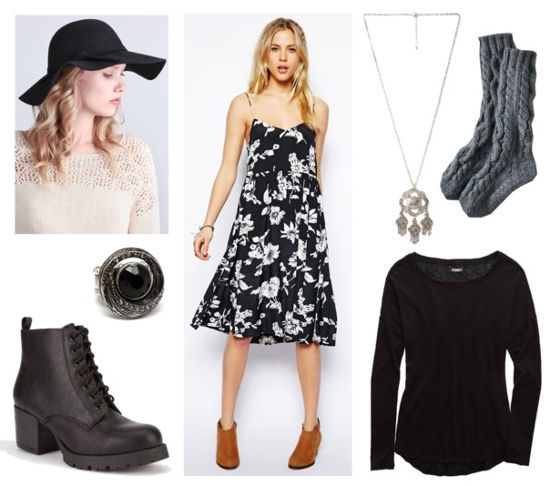 Floral dress black tee hat