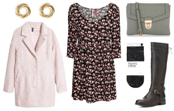 Floral dress pink coat black boots