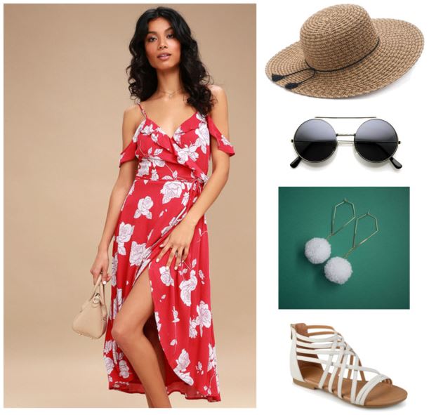 Get Inspired by Santa Fean, Alyssa: floral red dress, braided floppy hat, retro circle glasses, white gold chain pompom earrings; white gladiator sandals