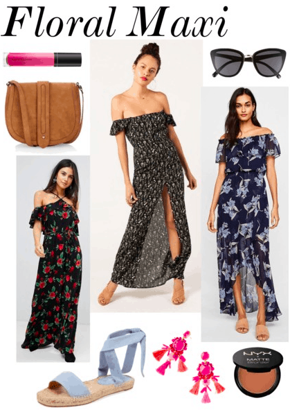 Lip gloss, suede bag, 3 floral off shoulder maxi dresses, blue suede sandals, tassel earrings, sunglasses, bronzer