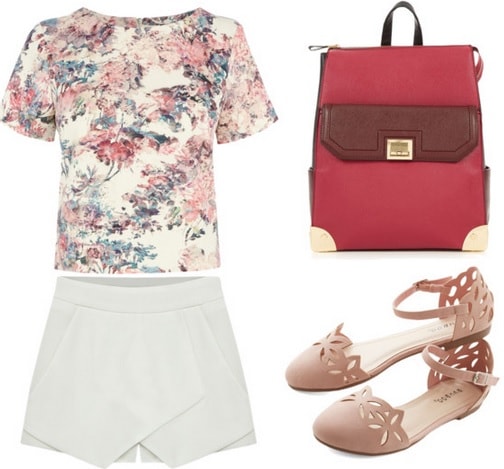 Floral neoprene top, skort, ankle strap flats, and backpack