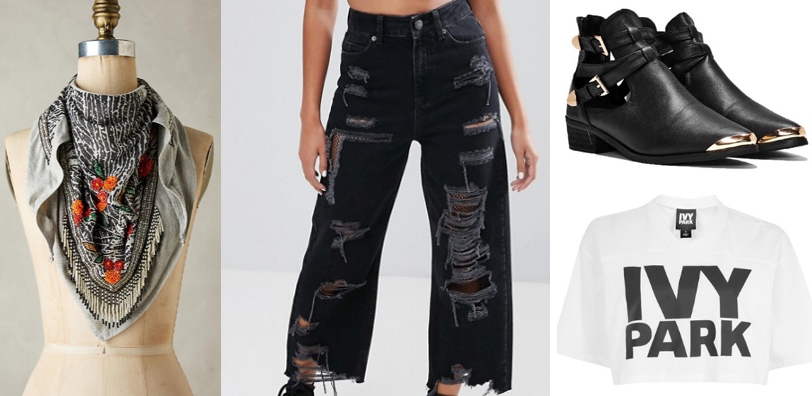 Spring outfit idea: Edgy floral scarf, ripped jeans, cropped tee shirt, metal toe ankle booties