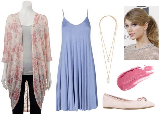 Floral print cardigan, blue dress, flats