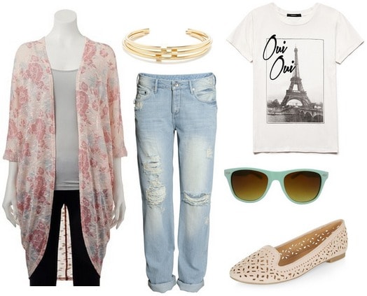 Floral print cardigan, graphic tee, boyfriend jeans