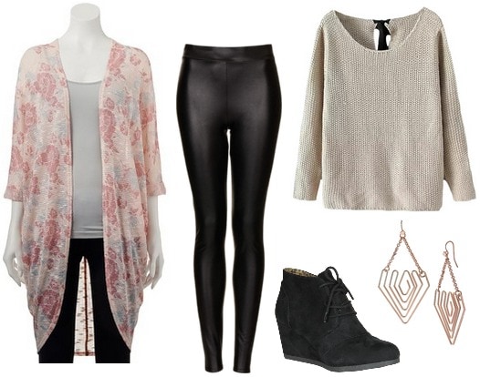 Floral print cardigan, sweater, faux leather leggings