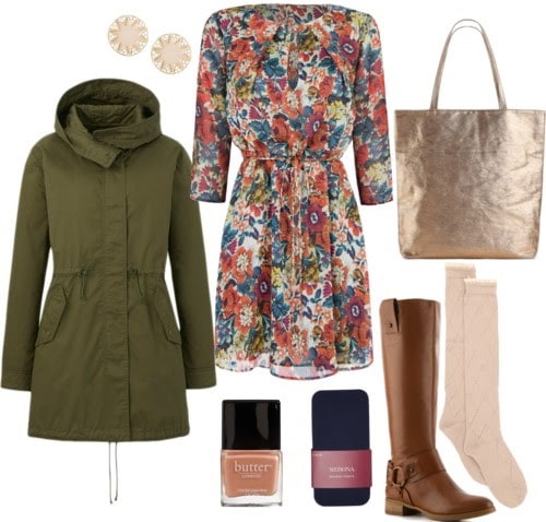 How to wear a floral print dress to class with a parka, boots, boot socks, and earrings