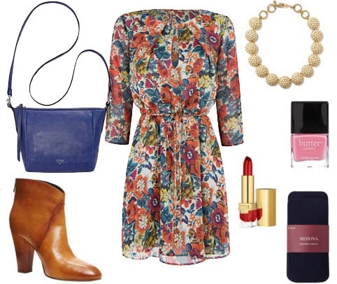 How to wear a floral print dress for a night out with ankle booties, cross-body bag, tights, and a statement necklace