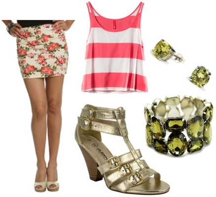 How to wear a floral skirt with gold heels and bright pieces