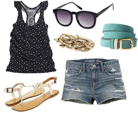 How to wear a floral tank with denim shorts and simple sandals
