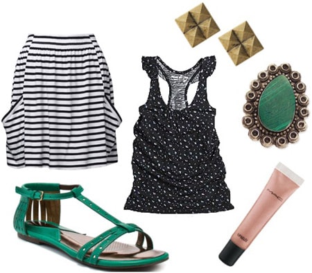 How to wear a floral tank with a striped skirt and green sandals