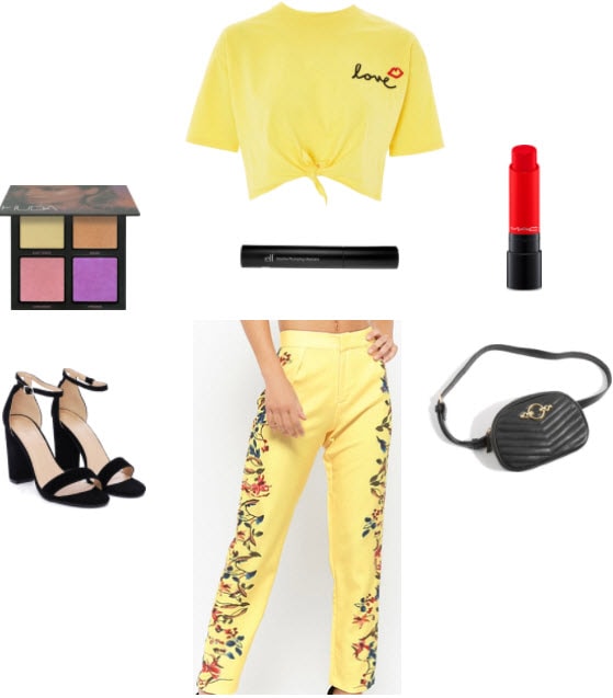 Yellow floral pants with yellow knot crop top, red lipstick, huda beauty summer solstice, black heels, black mascara, and black quilted fanny pack.