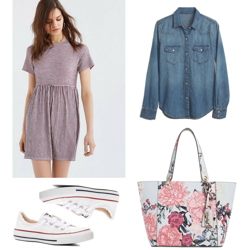 Florals and stripes outfit for the Fourth of July: Striped mini dress, chambray shirt, floral tote bag, converse sneakers