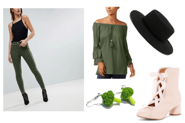 Florette Video Game Outfit Inspiration: Green Striped Denim Jeggings, Olive Off The Shoulder Crinkle Top, Broccoli Earrings, Black Bowler Hat, Mira Corset Booties