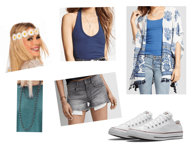 How to repurpose a costume: Flower child headband from a 1960s costume paired with a halter neck tank top, embellished jean shorts, blue and white kimono jacket, white converse sneakers