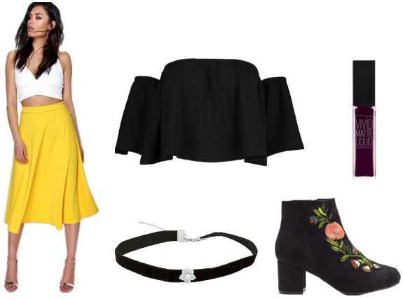 Outfit inspired by Flowey the Flower from Undertale: Yellow midi skirt, off-shoulder top, choker, black embroidered ankle boots