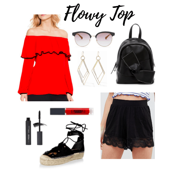 Red blouse, mascara, red lip, sandals, earrings, sunglasses, black shorts, leather backpack