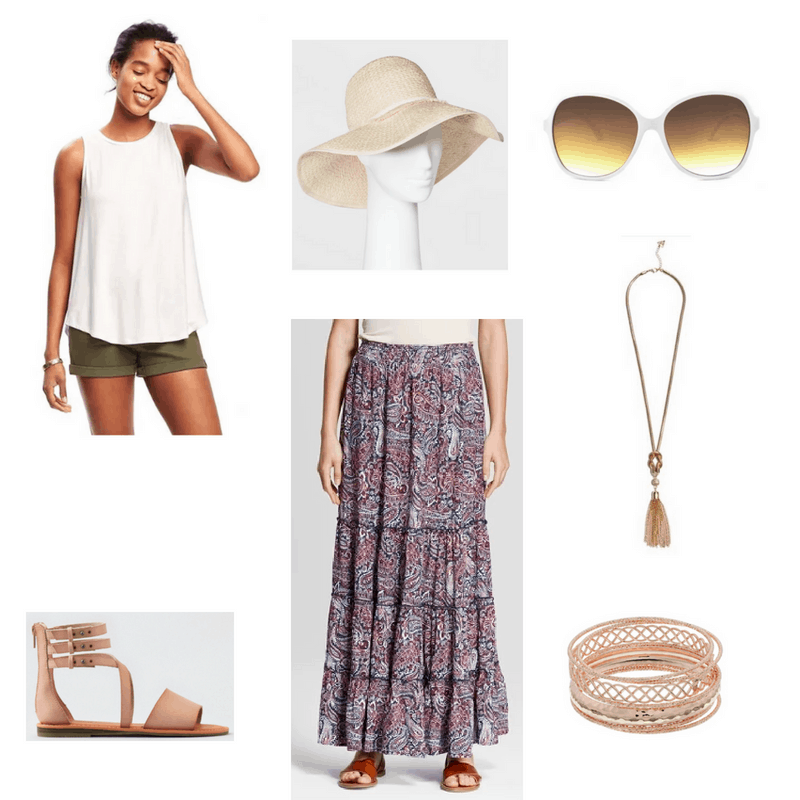 Outfit with cream tank, paisley maxi skirt, floppy hat, white sunglasses, gladiator sandals, tassel necklace, and gold bangles