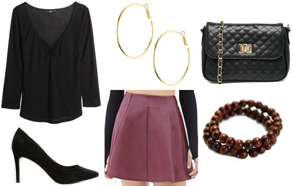 Outfit inspired by Jess from Focus - Purple skirt, black 3/4 sleeve top, hoop earrings, pumps, faux Chanel bag