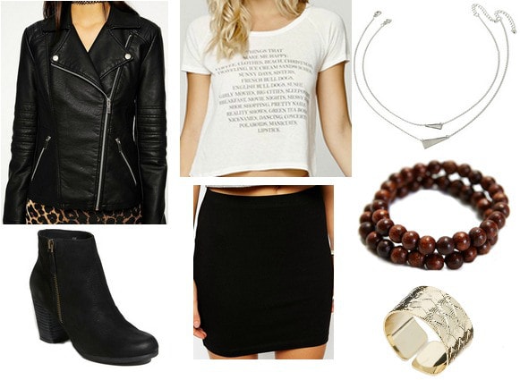 Casual look inspired by Jess from Focus - leather jacket, graphic tee, black skirt, ankle boots, jewelry