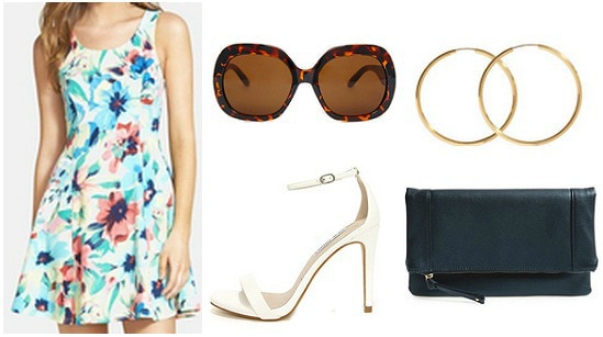 Outfit inspired by Jess from Focus - floral dress, strappy heels, sunglasses, clutch