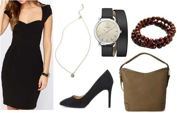 Outfit inspired by Jess from Focus - little black dress, small necklace, black pumps, tan bag