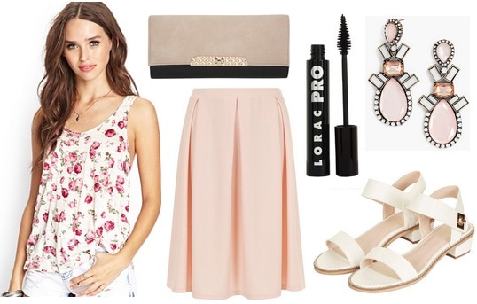 Forever 21 floral tank, blush skirt, sandals, clutch