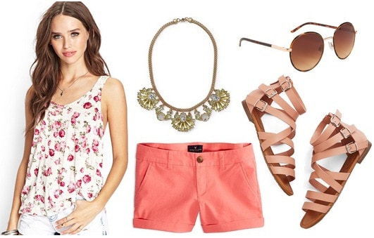 Forever 21 floral tank, coral shorts, sandals