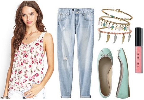 Forever 21 floral tank, light wash boyfriend jeans, ballet flats
